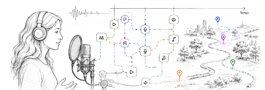 Dessin au trait : une personne au casque de profil, une onde sonore et un micro, reliés à un réseau de nœuds violets figurant les embranchements d'un récit.