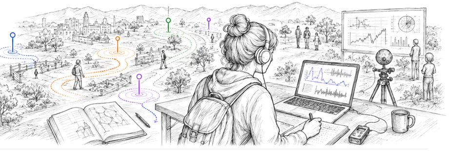Dessin au trait : un protocole d'écoute en mouvement — un participant casqué suit un parcours, tandis que des courbes et des cartes de chaleur figurent les traces analysées.